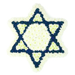 The photograph shows a large, intricately crafted Star of David funeral tribute, its form precise and balanced, set against a clean white background. The entire six-pointed star is composed of closely packed flowers, predominantly white and deep navy, giving it both clarity and depth. Along the outer edge, a broad border of white chrysanthemum heads curves around each of the six points, their ruffled petals creating a soft, cushioned outline that feels gentle despite the strong geometric shape. Inside this border, a full white hexagon fills the centre of the design, densely arranged to create a smooth, bright focal point that draws the eye inward. From this centre, six dark blue triangular wedges reach out to shape the points of the star, each built from tight clusters of velvety navy blooms that offer a rich, almost evening-sky tone. At the base of each of these blue triangles, facing towards the centre, a smaller triangle of white flowers has been carefully inserted, forming a subtle repeating motif that alternates light against dark all around the star. The overall texture is lush and cushion-like, suggesting the cool feel of freshly arranged petals and the gentle, clean fragrance you might notice when standing near a tribute at a Highgate funeral or memorial service. This Star of David arrangement is strongly tied to Jewish tradition and would be chosen for funerals, synagogue services, or shiva visits across Highgate, Crouch End, and the surrounding N6 streets. It reflects both precise floristry skills and a deep respect for faith and remembrance, offering a dignified floral expression of love and farewell.
