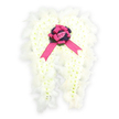 The photograph captures a peaceful angel-wing floral tribute, ideal for a funeral or remembrance service in and around Highgate. Two white wings are meticulously formed from clusters of small white flowers, most likely chrysanthemums or spray carnations, packed closely together so their round blossoms create a soft, even surface. The petals overlap like tiny scales, building a plush, cloud-like effect that feels gentle and embracing. Along the wings' outer contours, a fringe of white feathers is carefully threaded through the blooms, giving the outline a feathery, haloed look. These feathers add lightness and an almost floating quality, as though the wings belong to a guardian spirit watching over loved ones. At the juncture where the wings meet, the tone deepens with a circular arrangement of dark purple flowers or foliage, providing a rich contrast that anchors the design visually. Resting on this darker pool of colour is a striking fuchsia satin bow, elegantly tied with generous loops and long streaming tails that tumble down in smooth, glossy ribbons. In the very centre of the bow, a delicate light pink rosebud is nestled, its gentle blush tone and tender, spiralled petals symbolising sweetness, youth, and affection. The overall impression is one of purity, protection, and heartfelt remembrance, perfectly suited for placing at a graveside in Highgate Cemetery, beside a coffin in a chapel, or as a special tribute delivered to a grieving family home. The combination of white wings, feather details, and soft pink accents conveys a message of love that lives on, even after parting.