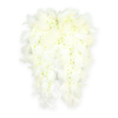 The photograph shows a pair of angel wings meticulously shaped from pure white flowers and feathery accents, creating a peaceful funeral tribute that would suit a thoughtful goodbye in Highgate. Each wing is gently curved, meeting at the centre and then extending outward, with its outline softened by lush, downy feathers that look almost like fresh snow resting on a ledge. Within this feathered perimeter, the interior is densely filled with small white chrysanthemums and similar compact blooms, set so closely that they form a thick, cushiony field of petals. Their colour is a clean, luminous white, yet there is a delicate suggestion of pale green and soft yellow in some of the floral centres, adding quiet depth and a touch of natural warmth. The arrangement is photographed against a bright white background, where a subtle shadow beneath the wings provides a sense of height and three-dimensional form, as though they hover gently above the surface. The mood is one of serenity and consolation, reflecting the calm dignity often sought by families planning services near Highgate Cemetery or in nearby chapels. If you imagine standing close, there might be a faint, clean fragrance and a cool, velvety feel to the blooms under your fingertips. This angel wing tribute seems crafted to speak when words are hard to find: offering a symbol of guidance, spiritual protection, and the enduring bond between the departed and those who remain, quietly watching over the ceremony with grace and tenderness.