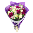 This image captures a thoughtfully arranged bouquet set against a pristine white background, giving it a clean, modern feel. The blooms form a rounded, generous cluster at the top, with creamy white roses at the centre, their petals softly layered and elegantly shaped, suggesting calm and understated romance. Framing them are deep magenta carnations, their colour rich and saturated, bordering on fuchsia, with finely ruffled petals that create a plush, almost cloud-like texture. Threaded throughout the arrangement are white alstroemeria, or Peruvian lilies, whose slender petals curve outward gracefully and are decorated with delicate pinkish-red streaks leading towards dark, noticeable stamens. Fresh green foliage is woven between the flowers, with glossy leaves and some lightly variegated edges that bring brightness and volume, reminiscent of the greenery found around Highgate's tree-lined streets and gardens. The bouquet narrows from its full crown into a clean bundle of stems, producing a graceful, tapered profile that feels both classic and contemporary. Surrounding the flowers is an inner collar of crisp white floral paper that frames the heads neatly and echoes the background. Over this, a layer of translucent purple cellophane or softly crinkled paper wraps the arrangement, catching the light and adding a subtle sheen that enhances the magenta blooms and introduces a touch of playful luxury. The base is secured with a bright green satin ribbon, slightly iridescent, tied into a neat bow that holds the stems firmly together. A small, rectangular gift tag made of light brown card hangs loosely from the knot, waiting to carry a handwritten message of love, thanks, or celebration. The overall impression is one of joyful elegance, ideal for delivery across Highgate for birthdays, anniversaries, or simply brightening someone's day with flowers crafted by a local florist who understands the character of the neighbourhood.