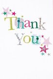 This thank you card softly radiates the gentle joy so familiar along the hillside lanes of Highgate. The letters of 'Thank You' seem to leap from the pure white card in a parade of colour-emerald greens, golden yellows, blues as cool as summer shadows in Waterlow Park. Every letter is unique, some flecked with dots, others edged with silver or lingering touches of embroidery, conjuring the detail of hand-stitched crafts you might find at a local market. Tiny stars in pink, teal, and gold drift across the open space, scattering a lighthearted sense of celebration and warmth. Nothing feels crowded; instead, each colour and pattern is given room to shine. The whole effect recalls the quiet happiness of an unexpected gift-perhaps folded beside a signature bouquet from Flowers Highgate, expressing appreciation that's at once personal and heartfelt, ready to brighten a day anywhere in N6.