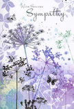 This sympathy card portrays a delicate, dreamlike garden, the kind of quiet beauty you might sense wandering a shaded lane near Highgate Cemetery, where time seems to slow and thoughts turn inward. Slender wildflower stems emerge from the base of the design, each one arching with natural ease and topped with fine, umbel-shaped clusters that radiate like soft, botanical lace. The colours are restrained yet expressive: washes of lavender, heather, muted blue, and silvery green overlap in transparent layers, so that each flower seems partly formed from light itself. Edges blur intentionally, giving the impression of motion-a breeze passing through tall grasses or the gentle shifting of petals at twilight. The background is a soft, continuous blend of violet-grey and cool greenish tones, free from hard lines, creating a sense of distance and calm similar to looking across Highgate's treetops under a soft sky. Within this airy field, a few butterflies float, their wings rendered with the lightest touch of pigment, hovering between presence and memory. They quietly suggest renewal, spiritual comfort, and the unseen threads that keep us connected to those we've lost. The overall lighting is subdued yet luminous, offering no sharp contrasts, only a soothing, even glow that invites reflection. Above the flowers, a simple sympathy message is written in graceful script, adding words to the image without crowding it. From the viewpoint of a florist working closely with bereaved families in Highgate, the design feels like a visual echo of a well-composed condolence bouquet: calm, respectful, and carefully balanced, offering a space for sorrow and remembrance to be held with dignity.