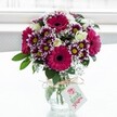 A vibrant mixed bouquet sits proudly in a clear, textured glass vase, its fresh-cut stems visible through the water and the glass catching soft daylight that seems to stream from a bright window behind. Dominating the arrangement are large gerbera daisies in a deep fuchsia-magenta shade, their velvety petals forming perfect circles around dark, inky centres that draw the eye. Around them cluster richly coloured chrysanthemums, their daisy-like heads tipped in intense purple that gradually fades to white toward the centre, where bright yellow discs glow like tiny suns. Nestled between these bold blooms are creamy white roses, some fully open with gently unfurling petals, others still in tight, promising buds, lending a sense of softness and quiet refinement. Fine sprigs of white gypsophila, or baby's breath, thread through the bouquet like a delicate mist, breaking up the strong colours and adding a light, airy texture. Deep green foliage frames the flowers, giving structure and a natural, garden-fresh feel, as if the stems were just gathered from a border in Waterlow Park or a sheltered Highgate garden. The squat vase is cinched at the neck with a simple twine bow, from which hangs a small white gift tag decorated with a delicate pink floral motif, suggesting a handwritten message for a birthday, thank-you, or just-because surprise. The softly blurred white background keeps all attention on the flowers, making the colours appear even more vivid. The overall impression is of a joyful, contemporary floral arrangement that would sit beautifully on a Highgate Village windowsill or a dining table, capturing the feeling of an uplifting, thoughtful delivery arriving at the door.