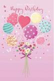 Softly joyful birthday card illustration featuring a floating mix of pastel balloons and a dainty bouquet, with an atmosphere reminiscent of Highgate's peaceful streets and gardens. The scene unfolds on a smooth pink background, calm and inviting, like the sky softening over nearby Hampstead Heath. A cluster of balloons rises through the centre, each balloon different yet perfectly coordinated: some wear candy-coloured stripes, others are sprinkled with bouncing polka dots or swirls, and a heart-shaped balloon glows at the core in delicate tones of pink and lilac. Their pastel colours-mint greens, buttery yellows, blush roses, and gentle purples-blend like watercolours, and their glossy finish suggests a light source just out of view. Slender ribbons trail from each balloon, converging at a small hand-tied bouquet that sits at the base. The bouquet is composed of small roses and anemone-like blossoms in creamy ivory, blush, and soft mauve, the petals shown as feather-light and freshly opened, as though they might carry a faint sweet fragrance through a Highgate window. The green stems are neatly bound with a violet satin bow that shines slightly, adding a polished touch. Tiny stars and butterfly motifs float around the balloons and flowers, creating a sense of subtle motion and enchantment, like confetti caught in a gentle breeze along Highgate High Street. Overall, the artwork radiates a light, airy happiness-a visual whisper of birthday celebration that feels personal, tender, and thoughtfully designed, much like a bespoke floral greeting you'd have delivered to a friend in Highgate.