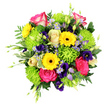 Against a pristine white background, this mixed bouquet appears as a joyful burst of colour and texture, composed with the kind of relaxed elegance Highgate flower lovers often favour. The focal point is a cluster of hot pink roses, their petals tipped gently with white and unfurling in velvety layers that lend the design a soft, romantic core. Dotted between them, bright yellow gerbera daisies with deep brown centres add a playful, sunlit energy, their daisy-like faces creating a sense of rhythm and movement that would enliven a home off Archway Road or a desk overlooking Highgate Hill. Tucked closely around these statement blooms are rounded lime green button chrysanthemums, their dense, tufted heads adding both texture and a vivid green brightness that keeps the bouquet feeling fresh and modern. Woven among the main flowers are smaller accents of lavender-blue, aster-like blossoms and deeper purple, bell-shaped lisianthus or eustoma, casting cool, shadowy undertones that balance the warmth of the pink and yellow, a bit like the dappled light beneath the trees in Highgate Woods. A generous collar of mixed foliage frames the flowers: glossy broad leaves catch the light; finer, fern-like fronds soften the silhouette; and occasional variegated leaves with pale edges echo the two-tone roses, adding an extra whisper of detail. Slender green buds and shoots stretch beyond the main dome, giving the bouquet an airy, almost animated quality, as if it is still growing. The lighting is bright and even, allowing each hue to stand out clearly - rich pinks, sunny yellows, lively greens, and soothing purples - and highlighting the florist's attention to balance and proportion. The result is an uplifting, versatile arrangement suited to birthdays, thank-you gestures, or simply sending a burst of happiness to someone special in Highgate.