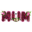 A beautifully detailed MUM floral tribute dominates the image, its three bold letters standing out clearly against a pure white backdrop that emphasises both colour and craftsmanship. Each letter is densely packed with small, vibrant deep pink and magenta flowers, likely chrysanthemums or carnations, their petals overlapping in layers to form a thick, velvety carpet. Scattered green centers peep through the stronger tones, adding a soft, natural highlight that keeps the design from feeling too heavy. Along the outside edges of each letter runs a pale pink ruffled ribbon, neatly pleated and pinned, giving the tribute a refined outline and a sense of gentle movement. At the top outer corners of both Ms, elegant clusters of lighter pink roses sit among sprigs of fresh greenery, the smooth rose petals contrasting beautifully with the busy texture of the tiny blooms beneath. At the base of the U, a smaller, corsage-like grouping of blush roses, creamy white flowers, and foliage nestles into the curve, echoing the proportions of a petite bouquet and drawing the eye toward the center of the word. The tribute feels quietly poignant and lovingly considered, the kind of arrangement that might be carried into a Highgate chapel or placed at a graveside overlooking the trees. It speaks of a mother remembered with warmth and gratitude, conveying feelings of love, respect, and lasting connection through its careful design and the tenderness of its colour palette.