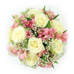 From above, this bouquet appears like a soft, floral moon resting on a pure white sky, each element quietly supporting the next. Around eight large roses in creamy white and pale ivory form the main constellation, their generous, fully opened blooms revealing petal after petal in elegant spirals. Their surfaces seem almost velvety, creating a sense of depth and richness that feels both classic and contemporary. Cradled among the roses are clusters of pink alstroemeria, their slender petals detailed with fine, darker pink stripes and subtle peach and coral tones closer to the centre. These intricate markings lend the design a gentle vibrancy, recalling the charm of Highgate's weekend markets and leafy café terraces. A delicate froth of baby's breath winds throughout, thousands of minuscule white blossoms creating a soft haze that lightens and unifies the arrangement, like a veil laid over the main blooms. Here and there, small, glossy green leaves emerge, providing structure and contrast, much like the pockets of green you notice wandering from Highgate Village towards Waterlow Park. The bouquet has been shaped into a neat, symmetrical circle, its compact, densely packed flowers suggesting careful craftsmanship and a love of detail that a local florist such as Flowers Highgate would bring to special orders. Gentle, even lighting accentuates the natural textures of petals and foliage, without harsh shadows, enhancing the soothing and romantic mood. This is a design that feels ideal for anniversaries, bridal celebrations, or simply sending a message of kindness and affection across Highgate, bringing a sense of composed elegance wherever it is delivered.