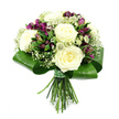 This bouquet, shown against a pristine white background, radiates calm refinement, as if freshly arranged in a Highgate florist studio on a clear morning. At its centre, full white roses open generously, their petals spiralling outward in overlapping layers that appear soft and almost silky. The creamy undertones of the blooms lend warmth to the otherwise cool palette. Threaded between these classic roses are rich purple alstroemeria, some open enough to reveal delicately speckled interiors, others held tight as pointed buds that add height and anticipation. Fine, branching sprays of white baby's breath drift through the composition, filling spaces with a light, cloudlike texture that softens the transition between each feature flower. Close inspection reveals small, slightly spiky filler blossoms in muted green and pale white, recalling Astrantia or miniature thistle heads, which introduce subtle texture and a modern twist. The flower heads sit neatly within a broad, glossy collar of dark green leaves, likely Aspidistra, carefully curved and wrapped to create a smooth, circular frame that holds the design together. Below, clean, straight stems extend downward, trimmed to a uniform length and bound firmly with a green and white checked ribbon that hints at classic hand-tied tradition. The bright, even lighting and shadowless background highlight every contour, suggesting a photograph taken just minutes after the final stem was placed, perhaps in a shop a short walk from Highgate Wood. The bouquet's blend of white, purple, and fresh green creates a feeling of serenity and understated luxury, ideal for sending sympathy, marking an anniversary, or simply bringing quiet beauty into a home in the N6 area.