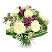 A beautifully balanced bouquet is displayed here against a flawless white studio background, its compact, rounded form emphasising both precision and softness. At the centre, a cluster of large creamy white roses opens fully, each bloom revealing intricate spirals of satin-like petals that catch the light subtly, giving the impression of calm radiance. Interlaced with these roses are deep purple and magenta alstroemeria, their long, fluted petals and fine markings introducing a bold but tasteful contrast, like rich accents against the pale stone buildings along Highgate's streets. Throughout the bouquet, light sprays of white baby's breath float delicately, hundreds of tiny blossoms creating a misty, almost cloud-like effect that gently blurs the boundaries between each flower. Punctuating this softness are greenish-white astrantia flowers, their pin-cushion centres and ring of pointed bracts adding intricate detail and a slightly wild, botanical touch that feels reminiscent of local woodland edges and hidden gardens. Cradling the entire composition, broad dark green aspidistra leaves are artfully folded and wrapped around the base, forming a glossy collar that anchors the arrangement and highlights the rounded silhouette. The stems extend below in a neat bundle, freshly cut and hand-tied, suggesting that the bouquet is ready for same-day delivery to homes and venues across Highgate. The interplay of creamy whites, rich purples, and deep greens, revealed under clear, even lighting, conveys a mood of gentle luxury and thoughtful care, making this bouquet fitting for anniversaries, intimate celebrations, or offering a quiet, heartfelt message of support.