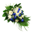 This image shows a solemn blue and white rose funeral spray, carefully arranged in a flowing, asymmetrical teardrop shape against a clear white background. The composition starts with a concentrated group of roses at the upper left and gently tapers as it extends diagonally toward the lower right, creating a sense of gentle movement. Around two dozen roses form the core of the design. Creamy white and ivory blooms, their petals unfolding in soft, rounded layers, are intermingled with striking sapphire blue roses, whose rich colour feels deep and reflective. The contrast between the cool blue and the calm white gives the arrangement an air of composed, dignified sorrow. Delicate white baby's breath is sprinkled throughout, its fine, branching stems topped with tiny blossoms that add lightness and delicate texture, as if a soft mist has settled among the larger flowers. The roses are surrounded by a frame of lush foliage: dark, glossy leaves anchor the top portion, while bright green ferns create a feathery outline, adding softness along the edges. From the base of the spray, long, narrow palm fronds sweep downward and outward, emphasizing the cascading silhouette and giving the piece a formal, almost ceremonial feel that would be at home in Highgate's churches and chapels. Subtle bluish-green eucalyptus-style sprigs peek through, providing cooler undertones and rounded leaves that contrast with the linear palms. Along the centre and base, several broad leaves are folded neatly into ribbon-like bands, showcasing the skill of the florist who assembled it. Overall, the spray conveys quiet empathy and respect, an appropriate floral tribute for funerals, memorial services, or graveside gatherings in and around the Highgate area.
