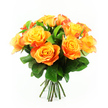 Set against a spotless white background, a hand-tied bouquet of around twelve bi-colour roses appears almost to glow, its rounded form and rich colours creating a focal point of warmth that suits Highgate's village charm. Each rose is open and full, revealing a beautifully layered spiral of petals that begin as a bright, lemony yellow at the centre, then shift gradually through buttery gold into lively apricot and bold orange toward the outer edges. Some petals are gently brushed with a red-orange hue, giving the impression of small, contained sunsets like those seen beyond the treetops of Highgate Wood. The petals have a velvety texture and a soft, ruffled edge, contributing to a lush, cloud-like volume across the bouquet. Nestled between the blossoms, glossy deep green leaves offer a cool, balancing contrast, their smooth surfaces and faint veins adding texture without disturbing the harmony of the design. Below the blooms, the stems are gathered into a neat bundle, straight and evenly cut, ready to slip into a favourite vase on a Highgate windowsill or coffee table. The lighting is bright but diffused, eliminating harsh shadows and allowing every tone and curve to stand out crisply against the white surroundings. The overall impression is one of joy, hope, and affectionate celebration, making this bouquet ideal for marking a new chapter, sending congratulations, or expressing warm thoughts to someone in N6. It feels like the floral equivalent of stepping into a light-filled Highgate kitchen on a sunny morning, instantly uplifting and welcoming.