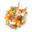 This bouquet, photographed from above against a spotless white background, appears as a generous, glowing circle of warm colour, evoking the feeling of a sunny afternoon over Highgate's leafy avenues. The arrangement is densely packed, with flowers nestled closely together to form a full, rounded dome. Dominating the design are rich roses in shades of golden yellow, deep amber, and vivid tangerine, their petals unfolding in smooth, velvety spirals that reveal subtle variations of tone. Between the roses, soft, ruffled carnations in peach and bright orange create a plush, textural contrast, their frills adding a sense of movement and gentle abundance. Gerbera daisies contribute their flat, open faces and ray-like petals in light peach and pastel orange, some with delicate pink-tinted centres that lend a playful, cheerful note akin to the atmosphere around Highgate High Street on a busy weekend. Sprinkled among these larger blooms are small clusters of tiny white and pale green filler flowers, airy and star-like, which introduce lightness and keep the composition from feeling heavy. Interwoven through the bouquet is a mix of greenery, notably rounded, silvery eucalyptus leaves and deeper green foliage, whose cool tones and curved shapes frame the flowers, adding depth and a breath of fresh, leafy fragrance reminiscent of nearby Highgate Wood. The strong, even lighting highlights every detail, from the sheen of each petal to the subtle shadows between leaves, ensuring the oranges, yellows, and greens are crisp and vivid. This bouquet conveys joy, warmth, and friendly optimism, ideal for birthdays, congratulations, or simply sending a bright, uplifting surprise to someone in Highgate, crafted with the care of a local florist who understands the area's relaxed, elegant charm.