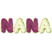 A handcrafted, three-dimensional floral tribute spells out the name NANA in bold capital letters, set against a bright white backdrop that highlights every petal and ribboned edge. Each letter is densely packed with small chrysanthemum-like blooms: the two Ns are formed from rich, deep magenta to plum chrysanthemums with tiny yellow eyes that catch the light, while both As are composed of creamy white chrysanthemums whose pale petals create a soft, serene contrast. Around each letter a lively lime-green border undulates like pleated ribbon or tightly arranged foliage, framing the word with a fresh, almost springlike brightness that softens the solemnity of the piece. The surface of the letters reads plush and tactile - a quilt of tiny blossoms so closely placed they form sculpted, cloud-like shapes - and the overall silhouette is crisp and easily legible from a distance. In gentle morning light the magenta petals glow with warmth and the white blooms pick up cool highlights, while a faint, clean scent of chrysanthemums seems to hover in the air. This arrangement is carefully made as a sympathy tribute for a beloved grandmother, designed to be displayed at memorial services, at the family home, or beside a graveside at Highgate Cemetery. As a local florist accustomed to comforting families across Highgate and nearby Hampstead Heath, we aim for quiet elegance: a personal, readable tribute that speaks of love, memory, and calm reassurance when words alone are not enough.
