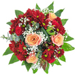 This lush, expertly designed bouquet reflects the heart and heritage of Highgate, resonating with colours and textures found in its gardens and green spaces. At the centre, plush roses in gentle apricot-peach blossom with softly blushed edges, their spiral forms conjuring images of tranquil afternoons in Highgate Cemetery's rose walk. Surrounding them, clusters of deep red spray chrysanthemums and miniature roses weave a narrative of romance and richness, their intense hues taking centre stage against a generous background of greens. Wispy sprays of white gypsophila float among the bolder blooms, echoing morning light dancing through ancient trees atop Highgate Hill. The arrangement is framed by a mosaic of glossy broad leaves, cool eucalyptus sprigs, and architecturally folded ti foliage, infusing both elegance and movement. Subtle touches of darker, tactile elements-perhaps reflecting local seed pods-invite closer discovery. Each petal and leaf is brought together by local florists who channel the spirit of Highgate: considered, creative, and welcoming. Fresh and vibrant, this bouquet is perfect for marking celebrations, expressing gratitude, or simply bringing a touch of Highgate's tranquil beauty into your home.