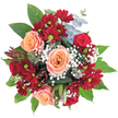 A celebration in bloom, this radiant bouquet reflects the timeless charm of Highgate. Peach roses, tenderly unfurled and arranged by nearby florists, sit nestled among plush, wine-red chrysanthemums, their lively green centres twinkling. Airy sprigs of baby's breath mingle between the layers, casting flecks of cool white that seem to float above the petals like morning dew over West Hill. Emerald leaves frame the design with bold grace, while silvery eucalyptus threaded throughout brings soft, powdery texture and the freshness of a walk by Hampstead Heath. Left of centre, a uniquely spiky reddish-brown accent stands alone-perhaps a protea-adding an unexpected twist and hinting at contemporary flair found in local art and gardens. The bouquet's full, rounded profile is alive with energy, optimism, and artistry, perfect for anniversaries, milestones, or as a stunning statement on a gathering table in Highgate Village. Every detail speaks of careful selection and a deep connection to the community; the result is a visual and sensory journey through colour, scent, and the welcoming spirit of Highgate.