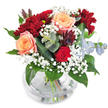 A bouquet alive with warmth and sophistication, this arrangement is carefully crafted for homes and celebrations across Highgate. Dewy apricot roses, their petals curling in generous spirals, stand proudly at the heart, sending out rays of colour alongside a single crimson rose whispering romance. Deep burgundy chrysanthemums offer plush, layered comfort, reminiscent of the rich foliage glimpsed along Highgate's leafy avenues. Wispy strands of white gypsophila offer playful lightness, dancing through the design like a gentle breeze across Parliament Hill. Silvery eucalyptus sprigs introduce an elegant, contemporary touch, their rounded leaves and cool tones balancing the bouquet's richer shades. At the base, glossy green leaves and subtle hints of plum succulent foliage create a lush foundation-inviting the viewer to appreciate the bouquet's sumptuous complexity and comforting presence. The crystal-clear glass vase grounds the display, letting fresh, artfully arranged stems glisten in the afternoon sun. This bouquet, made with care by local Highgate florists, is suited to expressing gratitude, marking a special birthday, or simply bringing a touch of natural artistry to the tranquil, historic homes of north London.