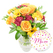 A bright, celebratory bouquet set photographed against a crisp white background: a clear glass vase cradles a generous cluster of freshly cut stems so that the pale green shafts are visible through the water, hinting at just-trimmed freshness. At the heart of the arrangement sit full, velvety roses in warm orange and soft peach tones, their spiralling petals catching a soft, diffused light and suggesting a gentle, sweet rose scent. Sunlit yellow gerbera daisies punctuate the display like cheerful sunbursts, their dark, almost-black centers creating a lively contrast with the lighter blooms. Deep burgundy carnations, ruffled and plush, add a tactile, velveteen depth beneath the roses, while sprays of white alstroemeria lend slender, speckled petals and a delicate, airy cadence to the composition. Glossy green foliage - broad leaves and fine sprigs - surrounds and lifts the flowers, providing a lush, garden-fresh backdrop. To the lower right, a round white foil balloon overlaps the vase slightly; it is scattered with tiny gold and hot-pink polka dots and small heart motifs, and in the centre a flowing hot-pink script reads best Mum, an intimate, handwritten sentiment. The overall mood is warm, affectionate, and celebratory: a bouquet that looks as if it would fill a kitchen table in the soft morning light, radiating colour, fragrance, and a thoughtful message for Mother's Day, a birthday, or a spontaneous gesture of thanks. The composition is carefully balanced - bright focal blooms, rich shadowed textures, and clean, transparent vessels - offering both visual cheer and a tactile invitation to reach out and hold the stems.