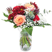 This joyful bouquet seizes the senses through a rich interplay of velvety maroon and soft peach-a perfect parallel to the invigorating yet peaceful ambiance of Highgate. Three large, peach-coloured roses open in the centre, their petals soft and buttery to the eye, radiating affectionate warmth reminiscent of sun-dappled strolls across Waterlow Park. Framing these are deep burgundy chrysanthemums, their thick, plush petals layering like the winding lanes below Highgate's stately trees. White clouds of gypsophila float gently above, creating a delicate, snowy aura around the composition and imbuing the design with romantic lightness. Glossy green leaves and elongated eucalyptus sprigs contribute a grounding touch, while their subtle, refreshing scent recalls fresh mornings on Highgate's wooded paths. Housed in a plain glass vase, the visible stems twist together in a spirited, organic fashion. This bouquet, thoughtfully arranged by Flowers Highgate, is well suited to romantic gestures, unexpected surprises, or simply bringing natural elegance and cheer to a Highgate home.
