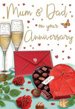 The illustrated anniversary card presents a rich, romantic scene that feels both indulgent and intimate, as though set for a couple celebrating quietly at home in Highgate. Central to the design are two elegant champagne flutes, tall and slender, their clear glass subtly reflecting the surroundings. Each flute holds a serving of pale, sparkling champagne, with streams of tiny bubbles rising in graceful lines, catching warm highlights that suggest soft candlelight. Beside them sits a generous heart-shaped box of chocolates in deep red, its lid pushed back to reveal an inviting array of truffles. The chocolates are individually detailed, shaded from milk to dark brown, implying a mix of flavours to be shared and savoured. A broad red satin ribbon wraps around the box and culminates in a carefully drawn bow, its folds and edges glinting as if brushed by a gentle glow, much like the cosy interiors of homes just off Highgate Hill. In front, two luxurious red roses lie across the surface, their velvety petals layered in intricate spirals, accompanied by small sprays of green foliage that echo the nearby greenery of Highgate Wood. Fine golden and crimson hearts are scattered lightly across the background, drifting around a handwritten greeting for Mum & Dad and adding a playful, celebratory note without overwhelming the composition. To the side, a scarlet envelope rests, sealed and slightly turned, hinting at thoughtful, handwritten words inside. The overall lighting is soft and warm, blending the deep reds, greens, and golds into a harmonious glow that evokes the scent of fresh roses, the taste of fine chocolates, and the gentle clink of glasses marking another treasured anniversary in Highgate.