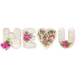 Rendered against a pristine white backdrop, this funeral-style tribute spells out the message H - E - (heart) - U in dense, handcrafted floral letters. From left to right the capital H and E and the concluding U are built from tightly packed, snow-white chrysanthemums whose tiny petals create a soft, pillowy surface; each letter is carefully edged with a ruffled blush-pink satin ribbon that catches the soft studio light and lends a delicate sheen. Small, jewel-bright clusters of fuchsia roses punctuate the base of the H and the inner curve of the U; those roses are paired with deep green fern-like foliage and tiny reddish-pink berries that add a crisp, textural contrast to the white. The centerpiece heart replaces the conventional I and is a tender mosaic of pale pink carnations and blush lisianthus or small roses, shot through with pale green eucalyptus leaves that cool the composition and add a subtle, aromatic lift when carried into a service. The arrangement reads as both intimate and formal - the white chrysanthemums signifying peace and purity, the vivid pink roses speaking of affection and remembrance - making it suitable for a celebration of life or a commemorative display at a chapel, church or graveside. The satin ribbon ties each element together visually, its soft blush hue echoing the heart's romantic palette. A local florist's hand is evident in the balance of form and accents: the dense textural lettering, the selective pops of colour, and the gentle, comforting scent of roses and eucalyptus. This piece holds a quiet dignity, designed to convey lasting love and solace at a memorial or funeral service.